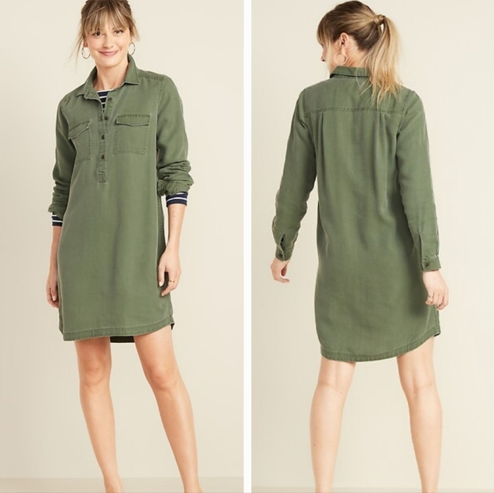 Old Navy Faded Twill Long Sleeve Shirt Dress In Matcha Green Size L NWT - Picture 9 of 9